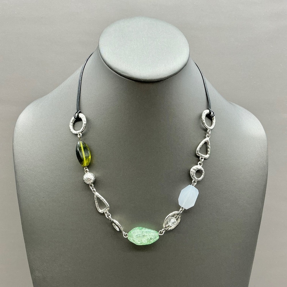 Lia Sophia Necklace Silver‎ Tone Geometric Glass Bead Cord Statement Adjustable